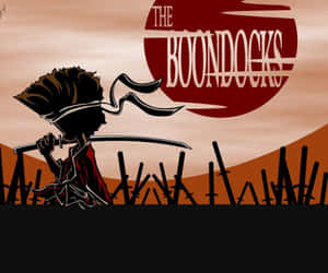 紅日下帶有 The Boondocks 標題的持劍武士形象。 — 鄉下地方 壁紙