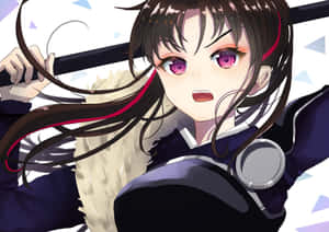 紫色眼睛的動漫女孩以動態姿勢握劍。 — 靚靚動畫 壁紙