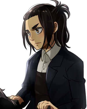 深色頭髮、表情嚴肅的動漫女孩，身穿黑色西裝外套，手持武器。 — Apple Watch Ultra 壁紙