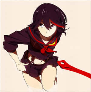 穿著校服的動漫女孩，蹲著手持紅色武器。 — 武士Champloo 壁紙