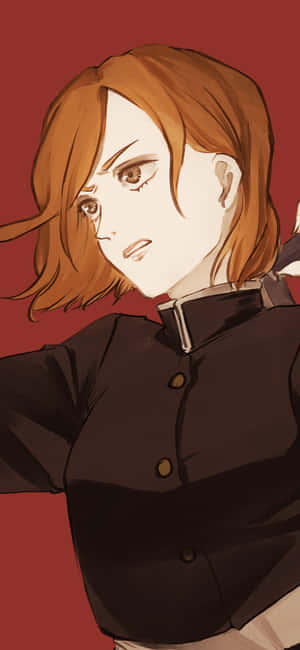 動漫女孩身穿深色制服，表情嚴肅，背景為紅色。 — OnePlus 壁紙