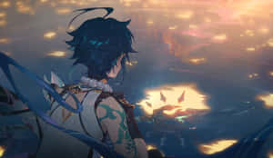 動漫角色繫著藍色絲帶，在夕陽下觀看發光的浮空島。 — 原神 壁紙
