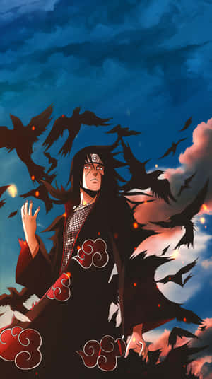 動漫忍者身穿黑色斗篷，被黑鳥包圍，背景是風暴天空。 — 黃昏 壁紙