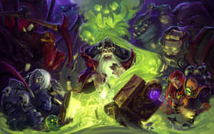 奇幻戰鬥場景，巫師施展綠色魔法，被怪物和戰士包圍。 — 爐石戰記 壁紙