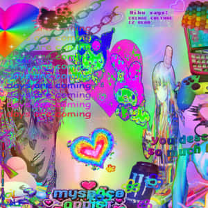 充滿活力的數碼拼貼，以動漫角色和MySpace品牌為特色，搭配彩虹心形和故障效果。 — 美學圖案 壁紙