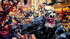 Venom 和共生體以漫畫風格攻擊城市街道。 — 超級英雄 壁紙