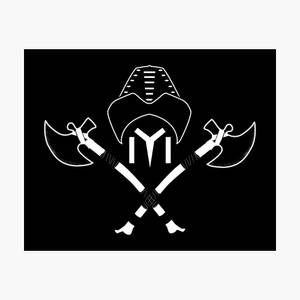 黑色背景上戴兜帽戰士手持交叉斧頭的白線繪圖。 — 鬼滅之刃面具 壁紙