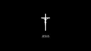 白色耶穌在十字架上的剪影，下方有 Jesus 字樣，黑色背景。 — 新世紀福音戰士 壁紙