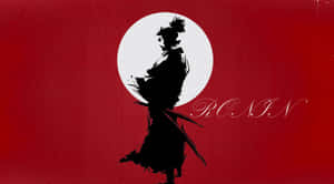 黑色武士浪人剪影，持劍，紅色背景，白色圓圈及文字 — 武士 壁紙