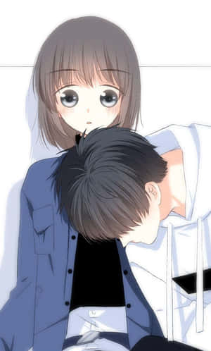 女孩低頭看著男孩，男孩的頭靠在她肩膀上，動漫風格。 — Honor Pad X7 壁紙