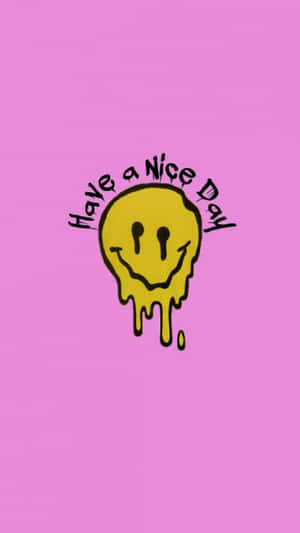 滴落的黃色笑臉，上面有have a nice day文字，背景為粉紅色。 — 學院風微笑臉 壁紙