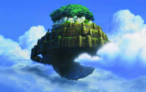 藍天白雲上漂浮的島嶼，有城堡和森林 — 天際線 壁紙