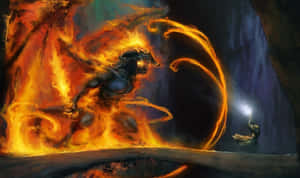 一位手持發光劍的戰士在黑暗的洞穴中面對火焰惡魔。 — 魔法 GIF 壁紙