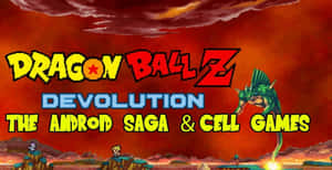Dragon Ball Z Devolution 標題畫面，像素角色和一條綠龍映襯著火熱的天空。 — 遊戲 壁紙