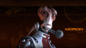名為 Mordin 的外星科學家角色，穿著未來風格盔甲，手持煙斗。 — 科幻 壁紙