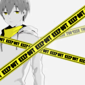 黃眼睛的動漫男孩在黃色封鎖帶後面 — 動畫小孩 壁紙