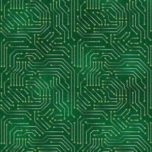 綠色電路板圖案，帶有重複的金色跡線和焊盤。 — iPad Pro 壁紙