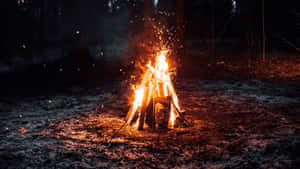 營火在夜晚的黑暗森林中明亮燃燒，火花飛舞。 — 露營 壁紙