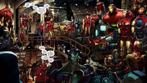 Iron Man戰衣和Spider-Man在一個漫畫工作室中，帶有對話氣泡。 — 鋼鐵人 壁紙