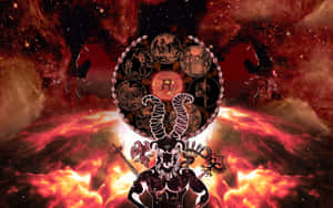 黃道輪與神話場景，背景是熾熱的宇宙星雲和馬的剪影。 — 星座 壁紙