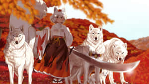 動漫女孩，有狐狸耳朵和狼，在秋日森林中手持劍和盾牌。 — 狼 壁紙