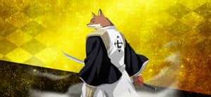 動漫狐狸戰士穿著黑白制服，在金色閃爍背景中持劍
