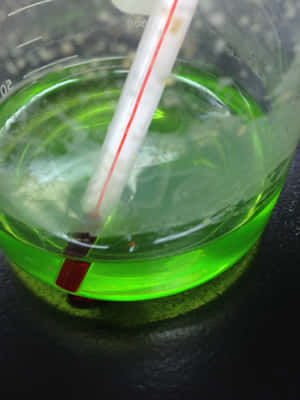 一個裝有綠色液體和溫度計的燒杯，用於科學測量。 — Galaxy Z Fold 8 壁紙