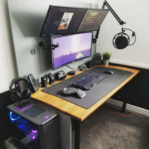 遊戲設置，配備三個顯示器、鍵盤、滑鼠、耳機和木桌上的發光PC。 — iPad Pro 12.9 壁紙