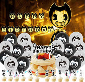以 Bendy 為主題的生日派對，在工業環境中設有氣球、紙杯蛋糕和蛋糕。 — 反斗奇兵 叉奇 壁紙