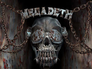 生鏽的金屬頭骨，帶有尖刺牙齒和護目鏡，在 'Megadeth' 樂隊名稱下方，由鏈條框住。 — 金屬動態圖 壁紙
