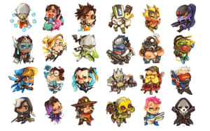 二十個Q版Overwatch角色喺白色背景上擺出色彩繽紛嘅姿勢。 — 鬥陣特攻 GIF 壁紙