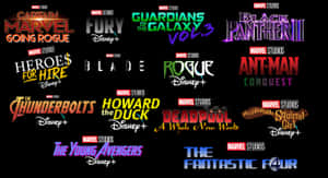 Marvel Studios和Disney+電影及系列標題以發光標誌形式展示的合集。 — 漫威超級英雄 壁紙