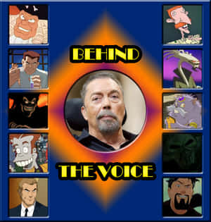 一個留山羊鬍的男人被動畫角色包圍，帶有'BEHIND THE VOICE'文字。 — 卡通史提芬居里 壁紙
