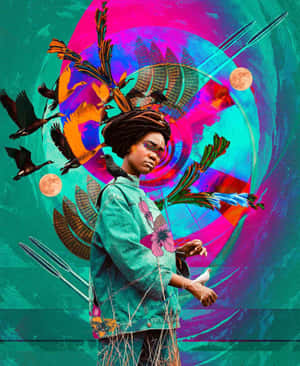 一個穿著牛仔外套的人，在色彩繽紛的抽象場景中被鳥和月亮包圍。 — Apple Watch Ultra 壁紙