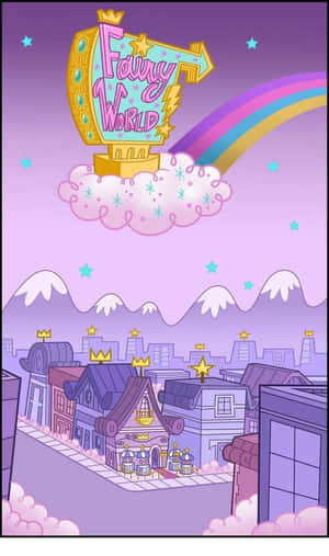 Fairy World 卡通小鎮，彩虹和皇冠漂浮在紫色天空中。 — Galaxy Tab A 壁紙