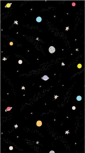 卡通行星和星星漂浮在黑色太空背景中。 — 太空美學 GIF 壁紙