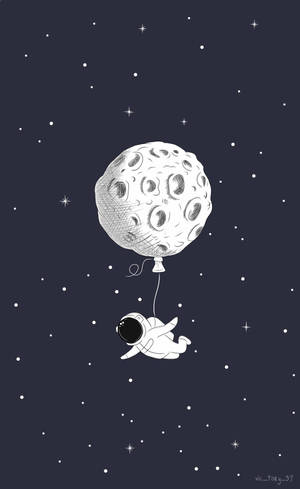 一個太空人在太空中漂浮，附著在一個月亮形狀的氣球上，周圍是星星。 — 可愛卡通 壁紙
