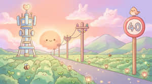 一個歡快的卡通風景，有微笑的太陽、兔子雲，以及一條兩旁種滿花朵和蜜蜂的道路。 — 超高清 GIF 壁紙