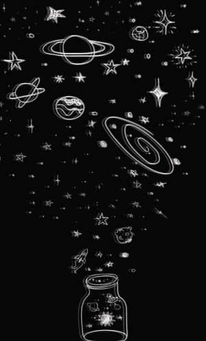 一個玻璃瓶在黑色背景上溢出星星和行星。 — Galaxy Tab A11 壁紙
