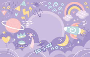 天體場景，在粉紫色天空中出現火箭、彩虹、行星、UFO和氣球。 — MacBook 壁紙