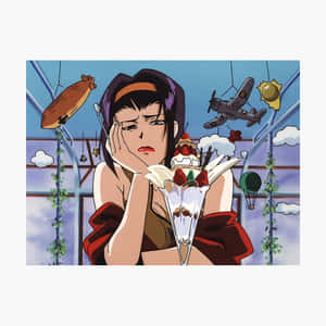 動漫女孩在漂浮的溫室中拿著巨大的雪糕筒，周圍有飛機和氣球。 — 施嘉莉·祖安遜 壁紙