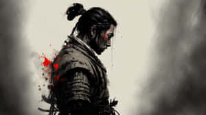 穿著黑色盔甲的武士，身上有血跡，站在霧氣瀰漫的灰色背景前。 — 武士 壁紙
