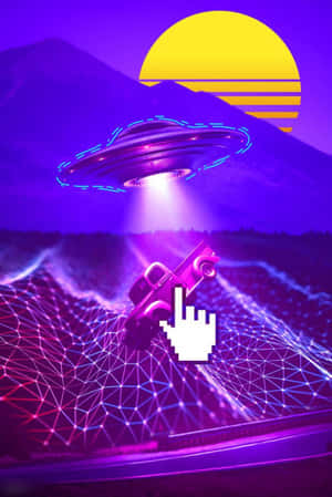 一個UFO懸浮在一輛卡車上方，卡車位於發光的數字網格上，紫色山脈後方有黃色太陽。 — 靈性動態圖 壁紙