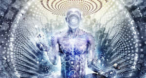 在宇宙環境中，一個帶有螺旋眼和幾何圖案的發光人形 — 靈性動態圖 壁紙