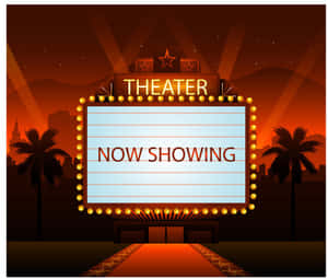 劇院招牌，在橙色日落、棕櫚樹和城市天際線下顯示「now showing」文字。 — 荷里活 GIF 壁紙