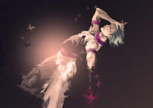 銀色頭髮和紫色帶子的動漫角色，與發光的蝴蝶一起漂浮。 — Hisoka GIF 壁紙