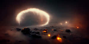 一個發光的宇宙環漂浮在岩石外星地形之上，有熾熱的餘燼和流星。 — 旅行 壁紙
