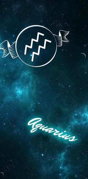 在星空宇宙背景中發光的水瓶座符號和名字。 — 藍白 壁紙