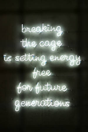 混凝土牆上的霓虹燈牌寫著 breaking the cage is setting energy free for future generations — 黑白 壁紙