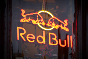 Red Bull霓虹燈標誌在夜晚的黑暗窗戶中發光。 — 橙色美學 壁紙